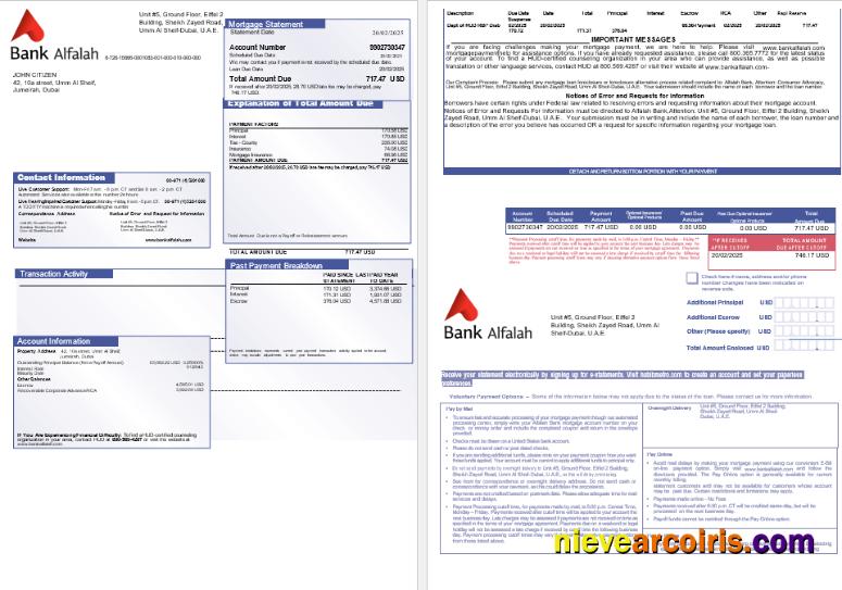 UAE Abu Dhabi Bank Alfalah mortgage statement, 3 pages 1-2